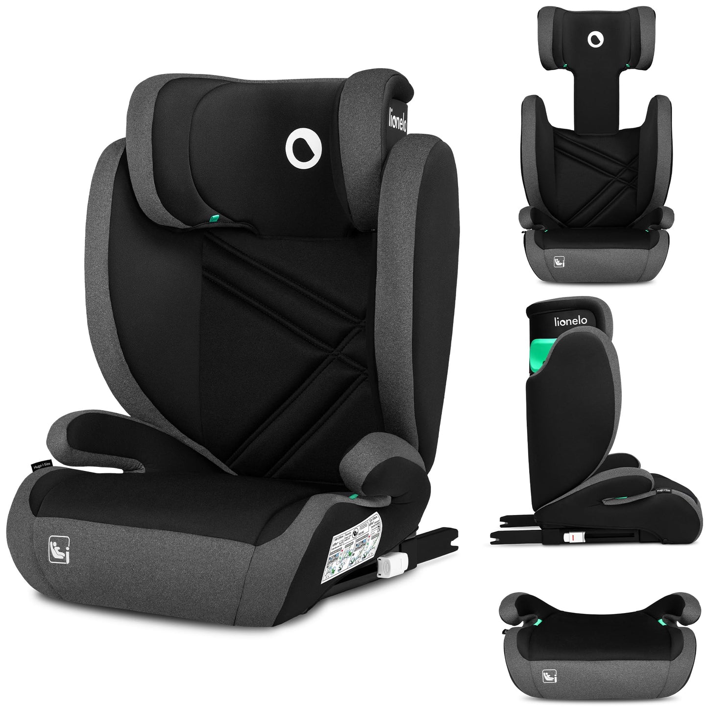 Siège Auto Rehausseur Lionelo Hugo i-Size, 100-150 cm, ISOFIX, Appui-tête Réglable, Protection Latérale, Accoudoirs, Dossier Amovible – Noir