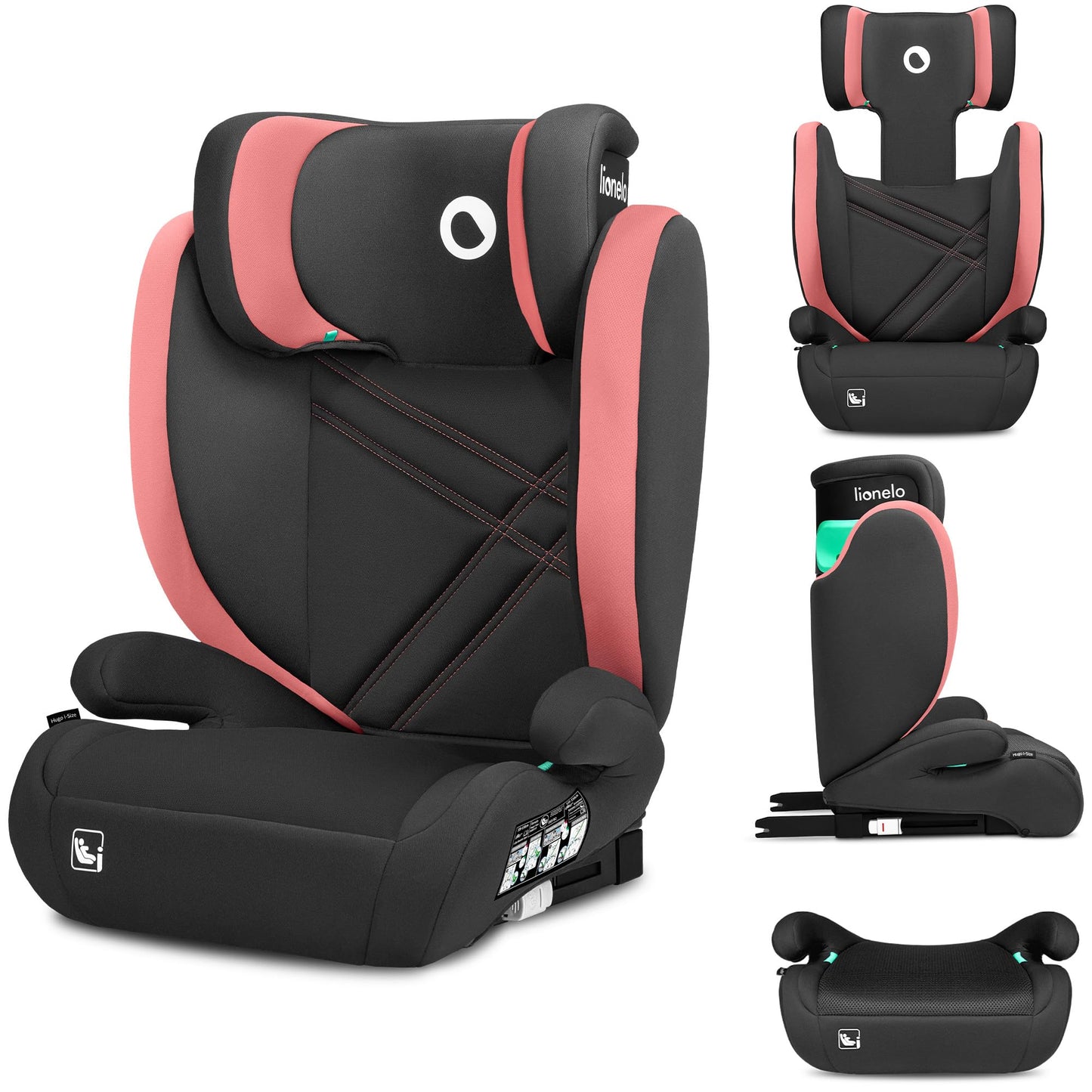 Siège Auto Rehausseur Lionelo Hugo i-Size, 100-150 cm, ISOFIX, Appui-tête Réglable, Protection Latérale, Accoudoirs, Dossier Amovible – Noir