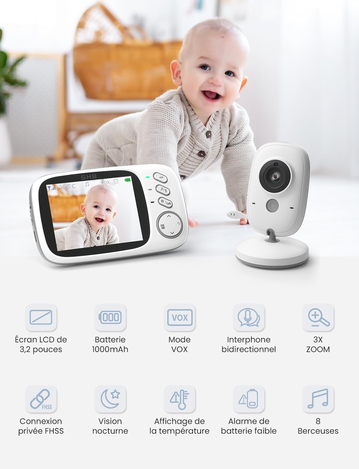 GHB Babyphone Vidéo 3.2" avec Caméra, Vision Nocturne & Audio Bidirectionnel – 720p