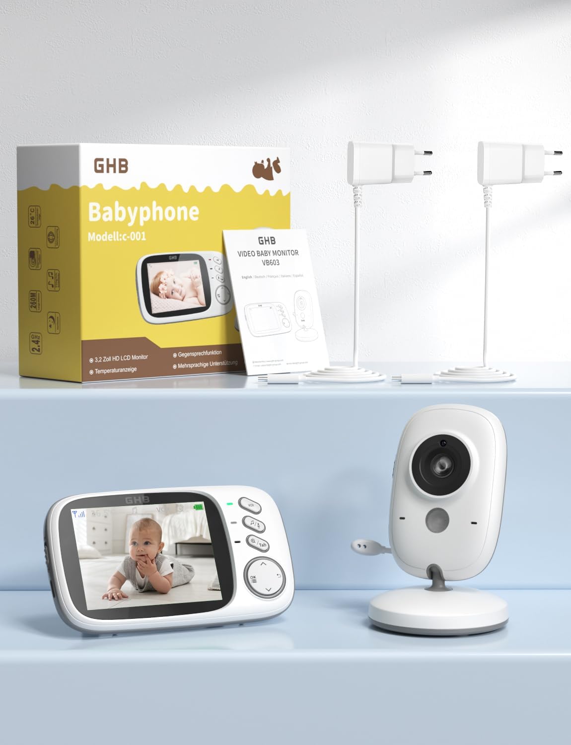GHB Babyphone Vidéo 3.2" avec Caméra, Vision Nocturne & Audio Bidirectionnel – 720p