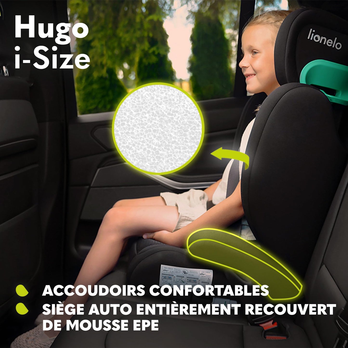 Siège Auto Rehausseur Lionelo Hugo i-Size, 100-150 cm, ISOFIX, Appui-tête Réglable, Protection Latérale, Accoudoirs, Dossier Amovible – Noir