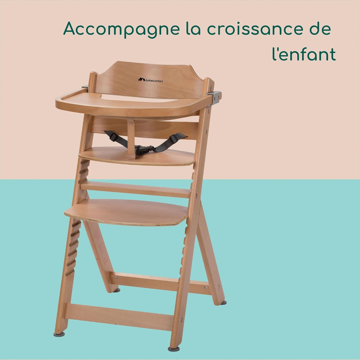 Bebeconfort Timba Chaise Haute Évolutive avec Coussin – Bois Naturel/Beige, 6 Mois à 10 Ans