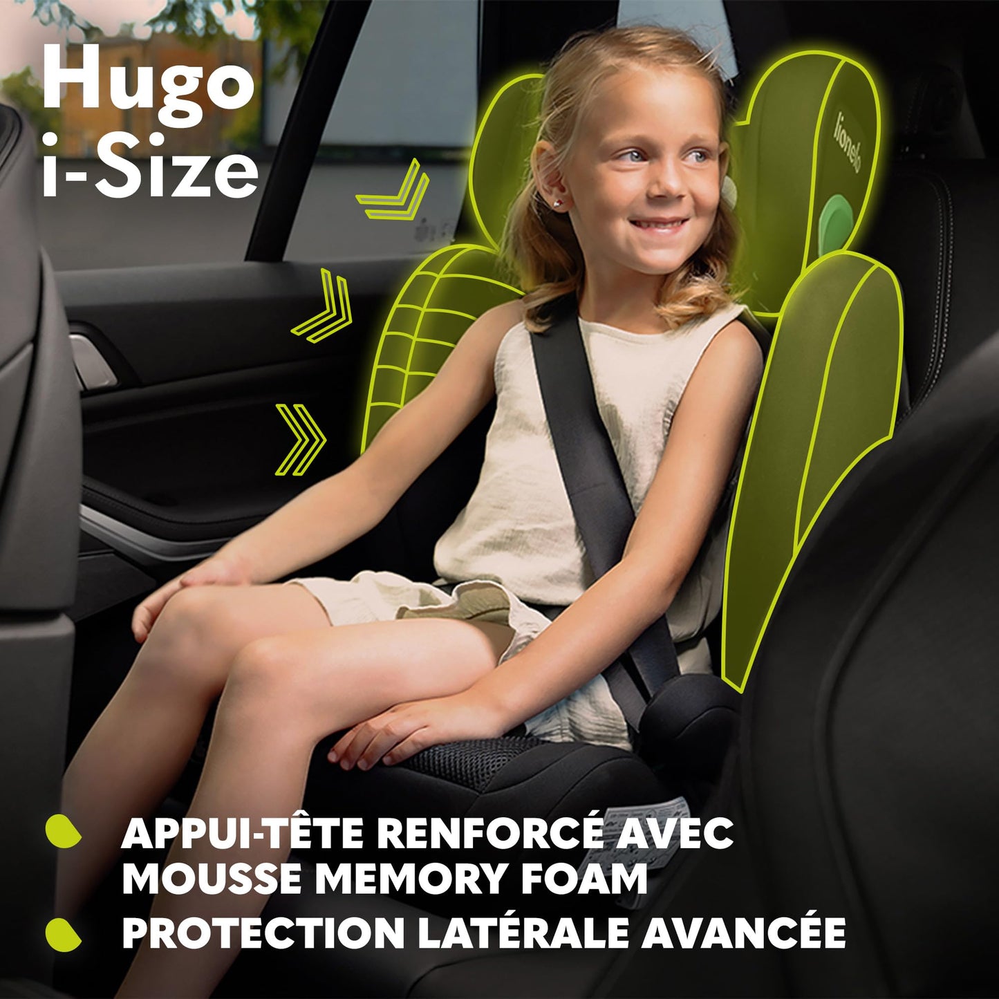 Siège Auto Rehausseur Lionelo Hugo i-Size, 100-150 cm, ISOFIX, Appui-tête Réglable, Protection Latérale, Accoudoirs, Dossier Amovible – Noir