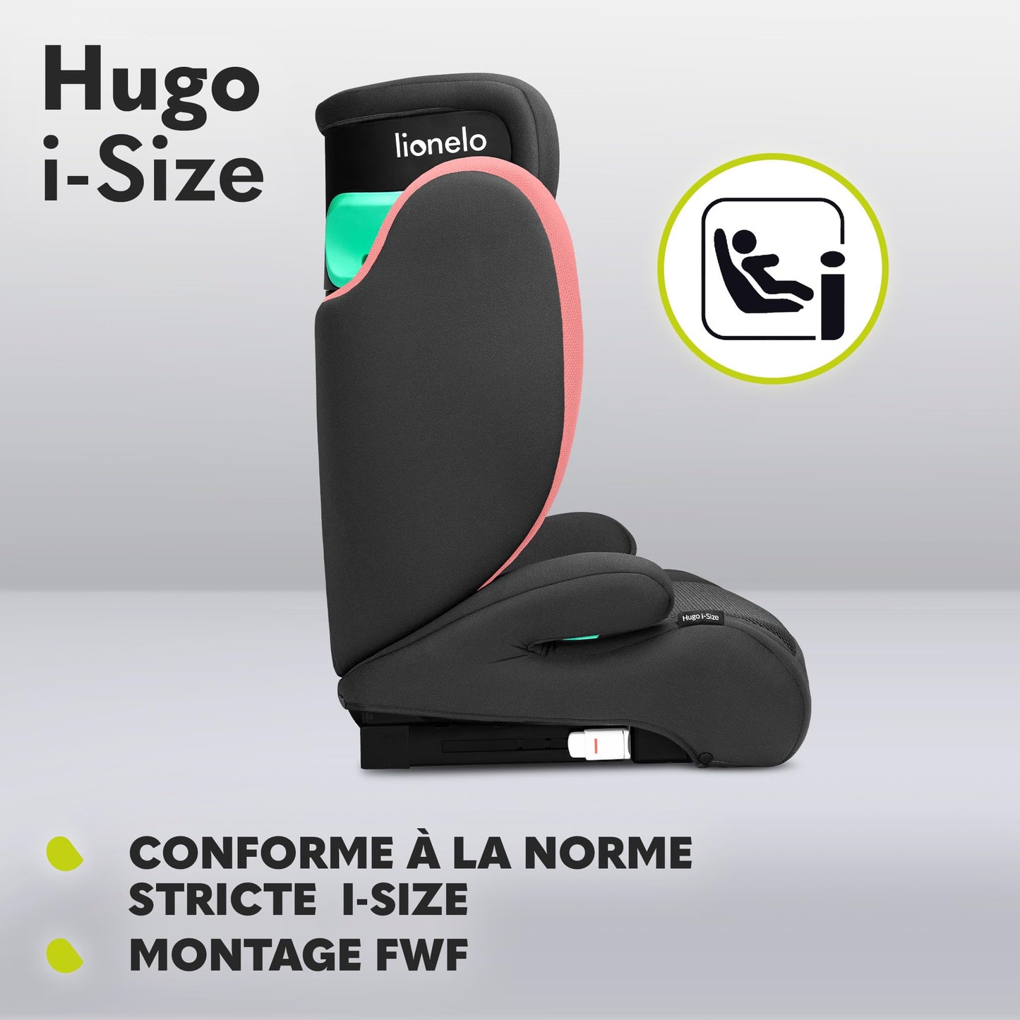 Siège Auto Rehausseur Lionelo Hugo i-Size, 100-150 cm, ISOFIX, Appui-tête Réglable, Protection Latérale, Accoudoirs, Dossier Amovible – Noir
