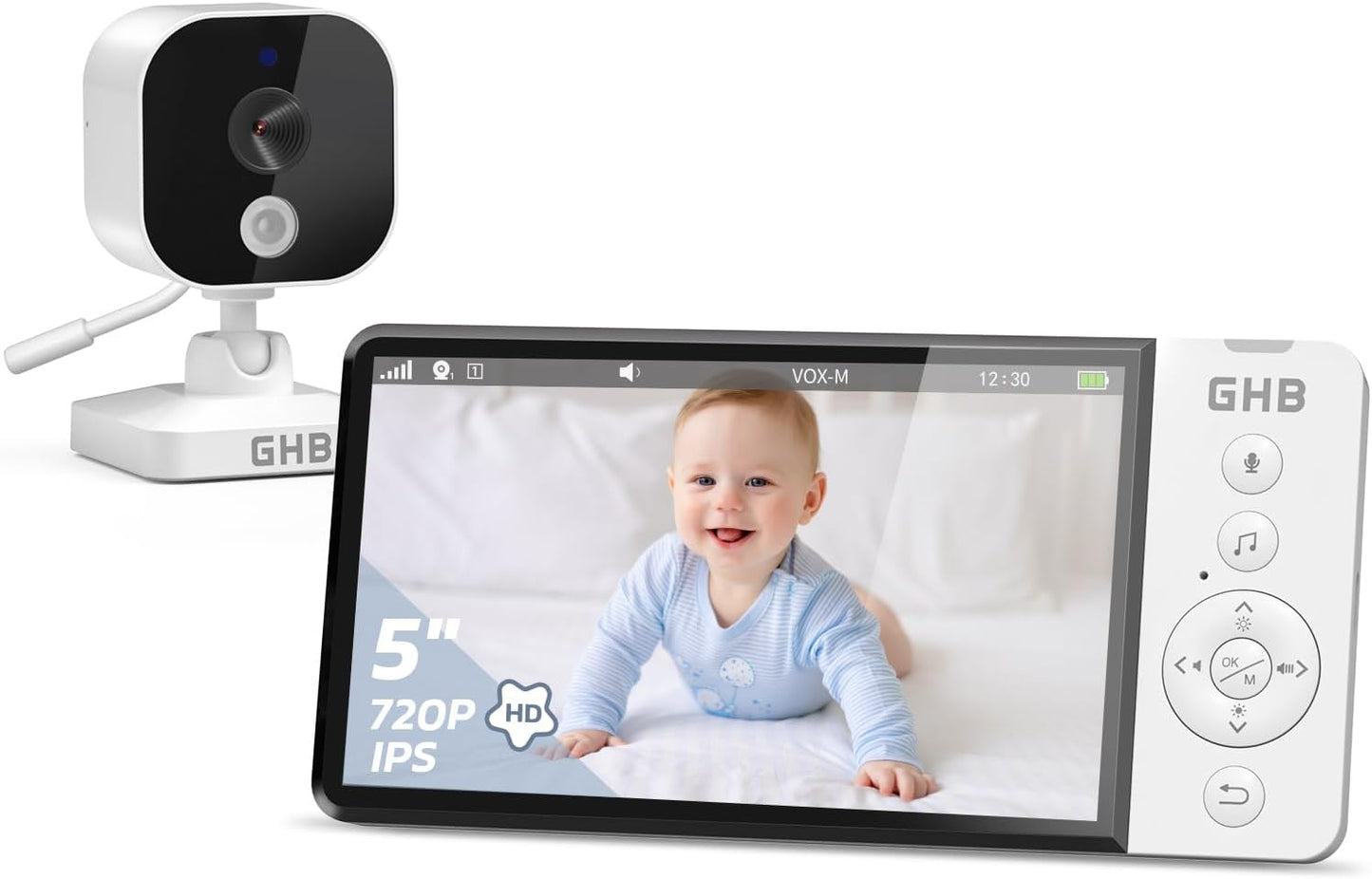 GHB Babyphone Vidéo 5" HD 720p avec Caméra, VOX & Capteur Température