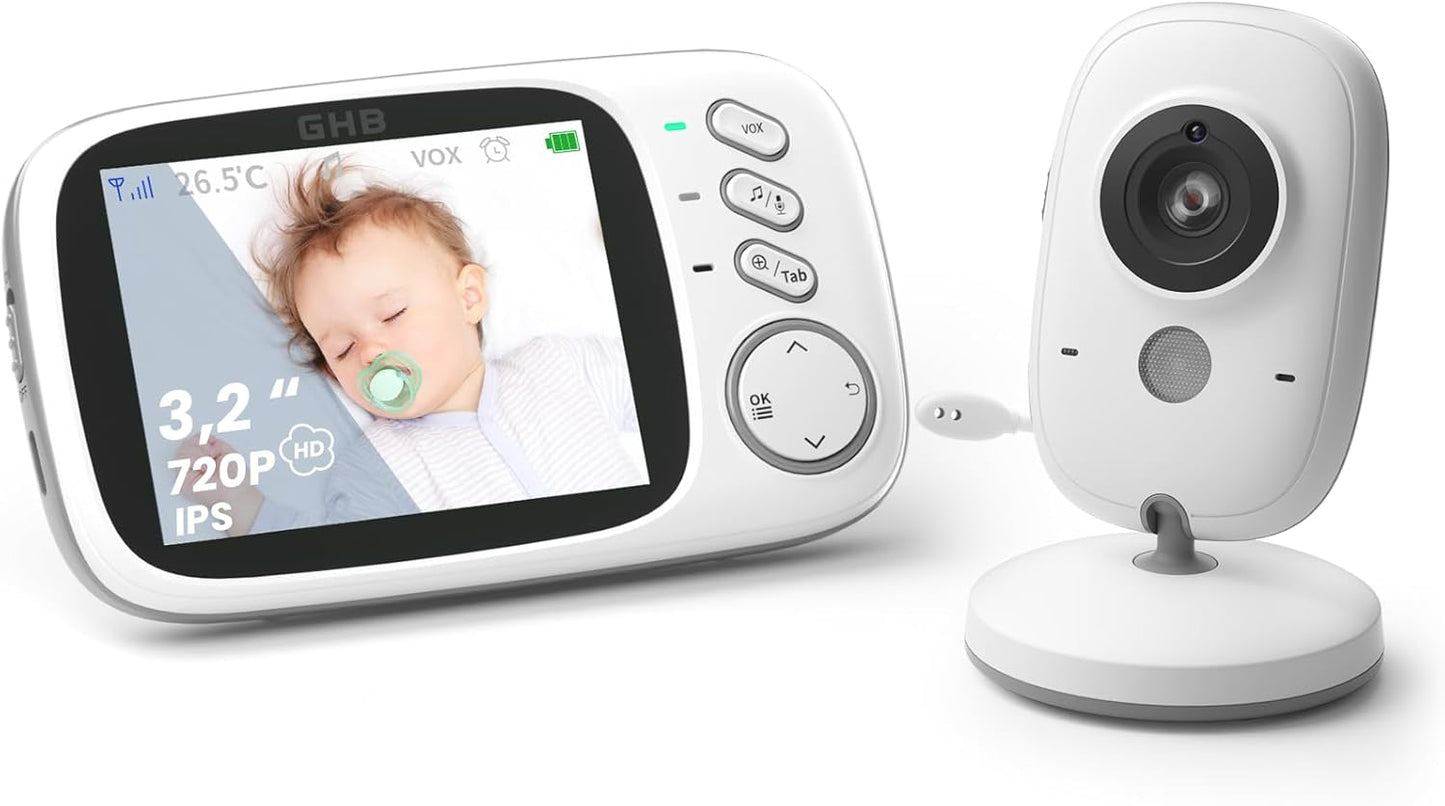 GHB Babyphone Vidéo 3.2" avec Caméra, Vision Nocturne & Audio Bidirectionnel – 720p