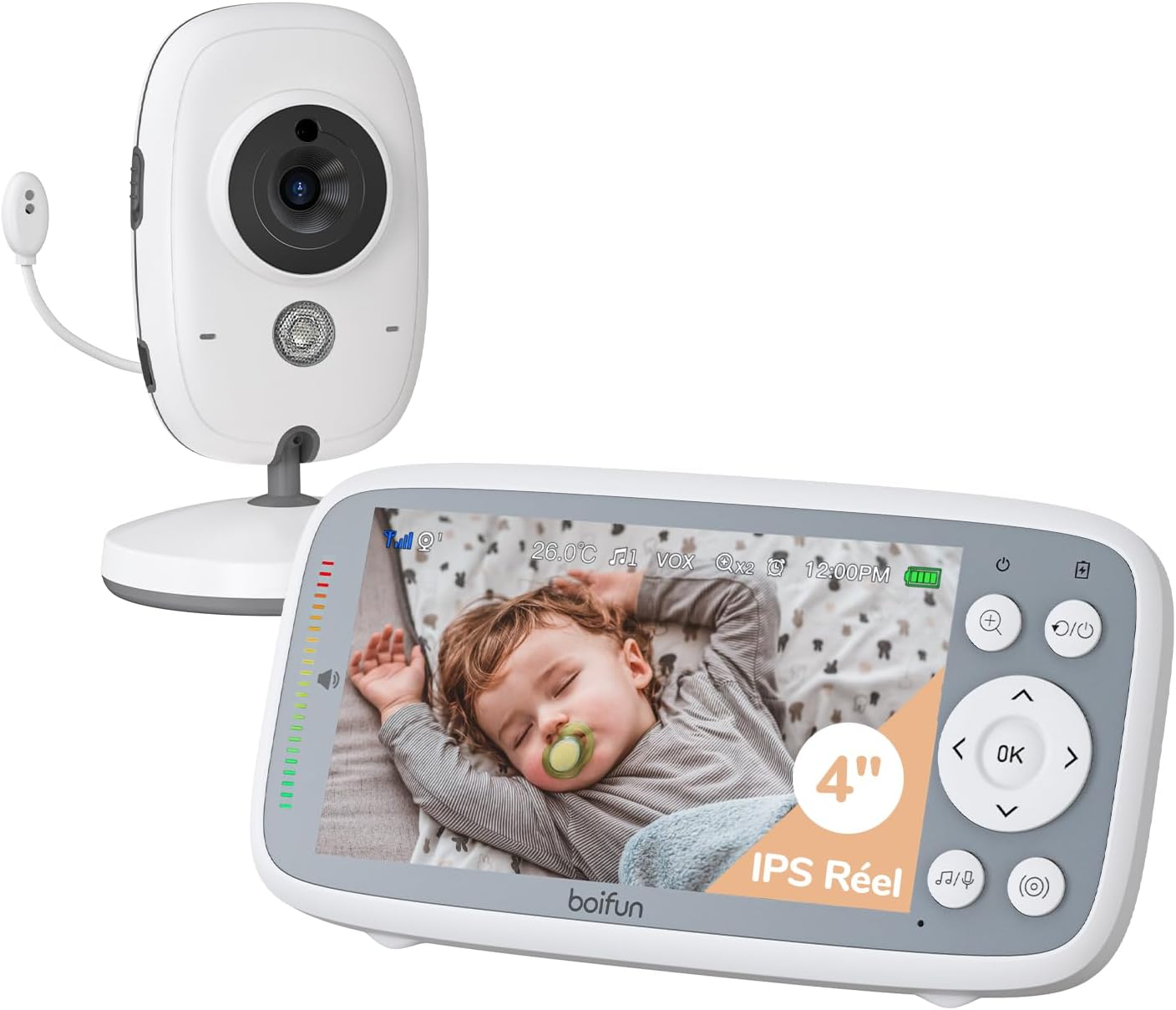 BOIFUN Babyphone 720p avec Écran IPS, Zoom 3X, VOX & Capteur Température – Sans WiFi