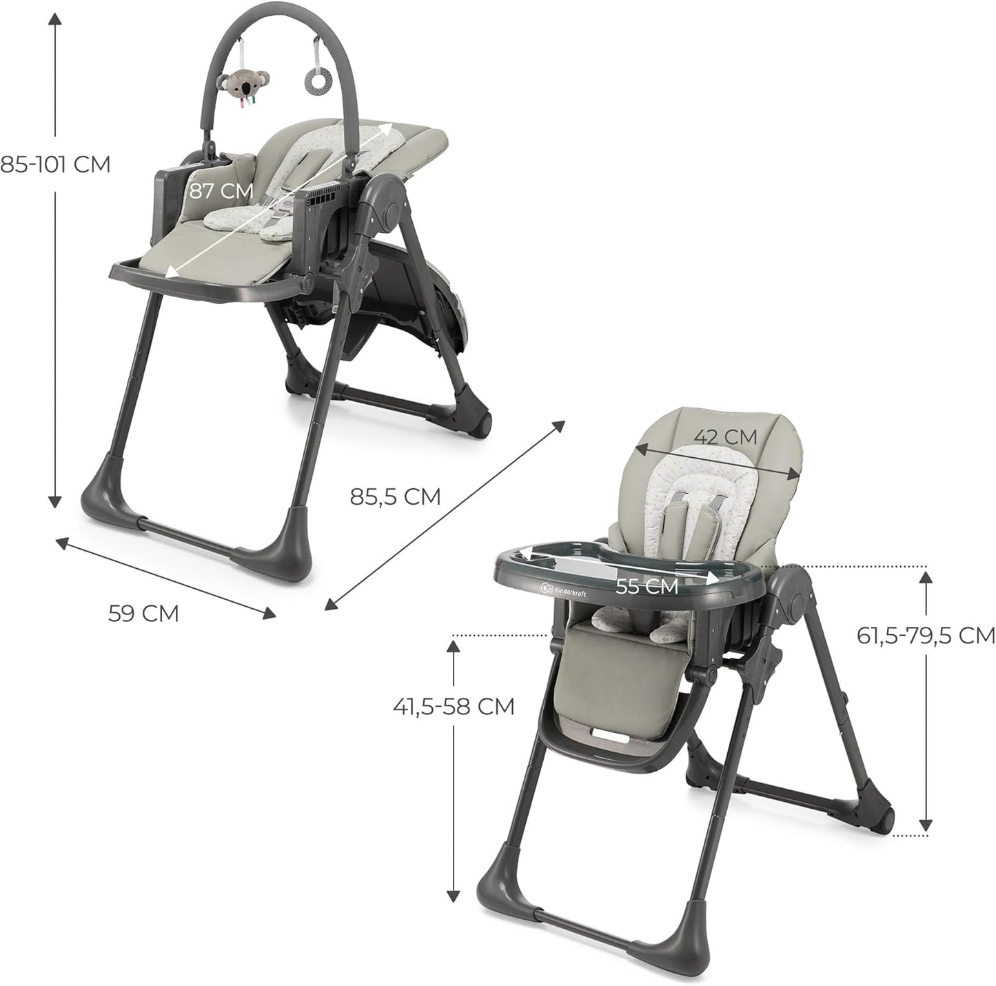 Kinderkraft TUMMIE Chaise Haute Bébé 2 en 1 Inclinable avec Jouets – Beige