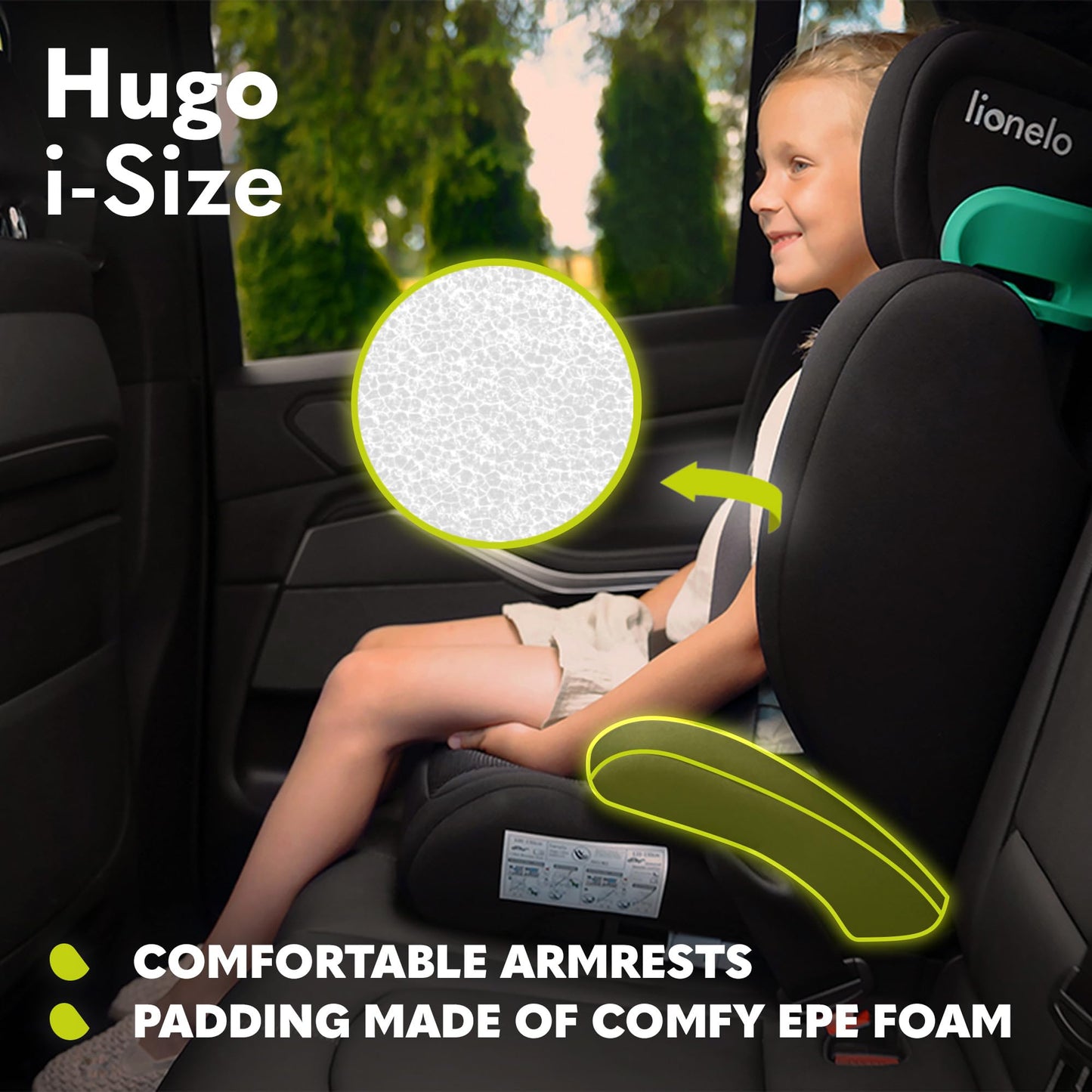 Siège Auto Rehausseur Lionelo Hugo i-Size, 100-150 cm, ISOFIX, Appui-tête Réglable, Protection Latérale, Accoudoirs, Dossier Amovible – Noir