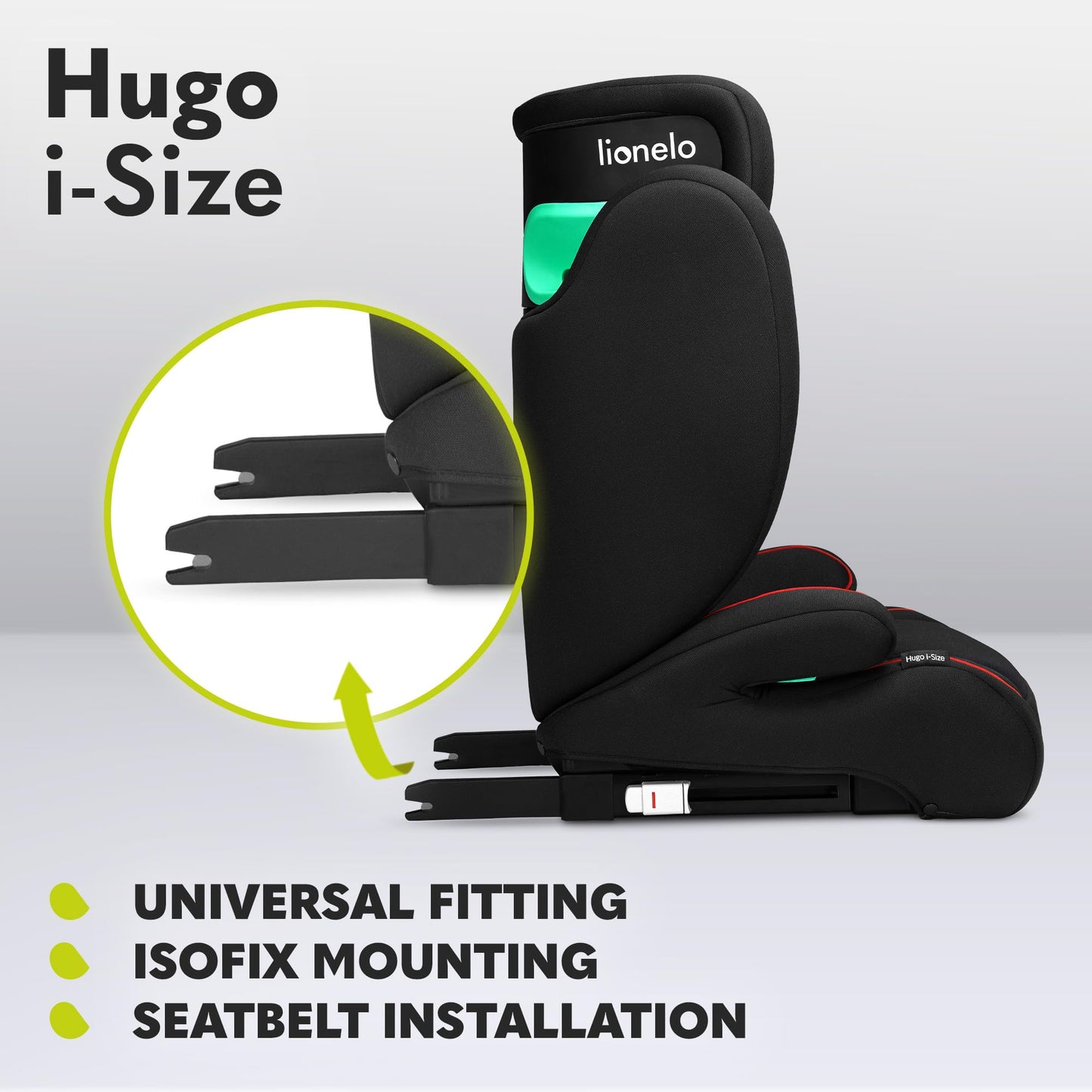 Siège Auto Rehausseur Lionelo Hugo i-Size, 100-150 cm, ISOFIX, Appui-tête Réglable, Protection Latérale, Accoudoirs, Dossier Amovible – Noir