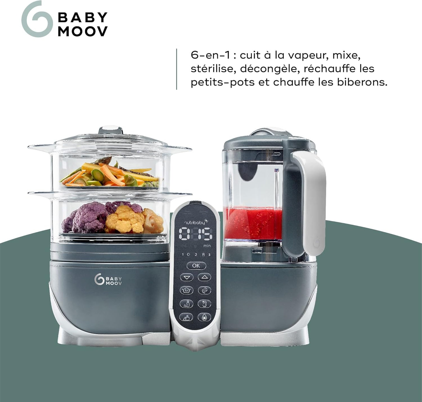 Babymoov Nutribaby(+) Robot Cuiseur Bébé 6 en 1 – 2,2L, Vapeur & Mixeur – Gris