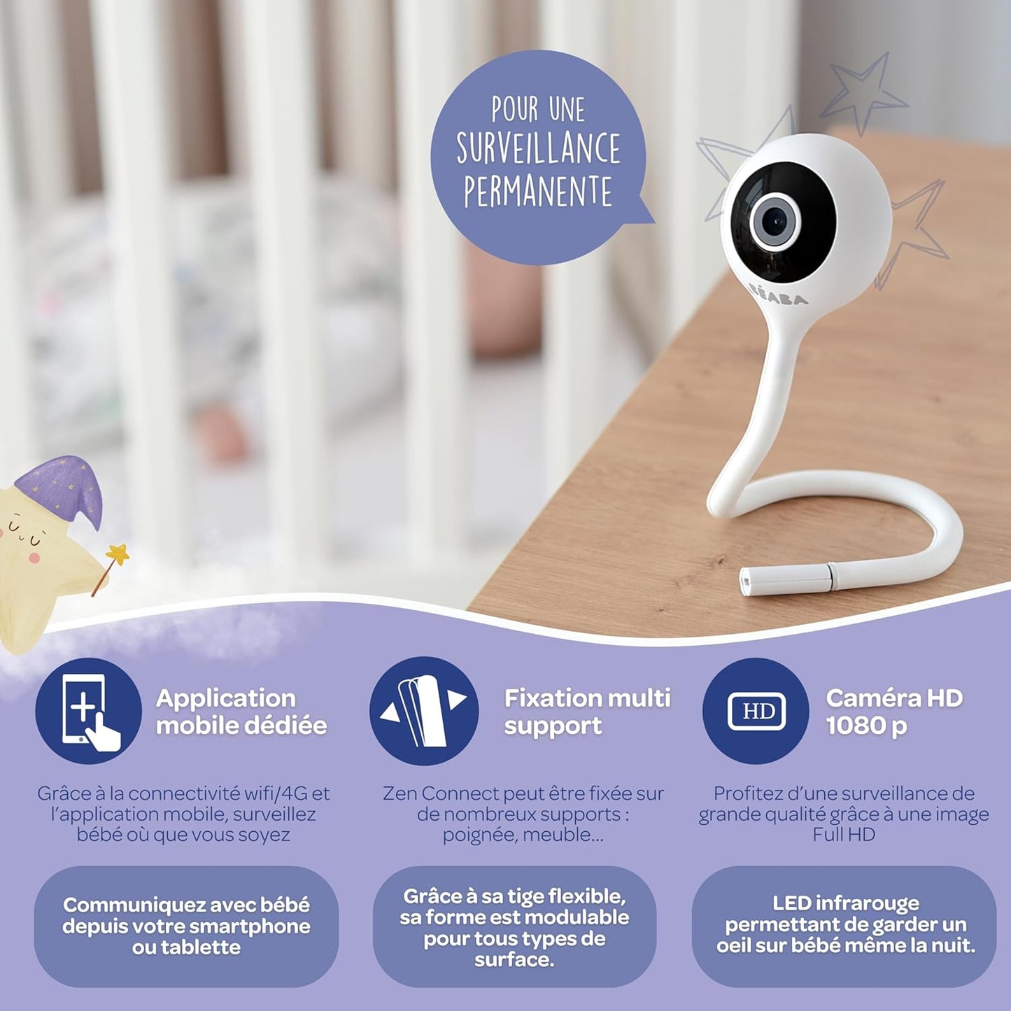 BÉABA Zen Connect Babyphone Vidéo Full HD 1080p, WiFi & Talkie-Walkie – Longue Portée