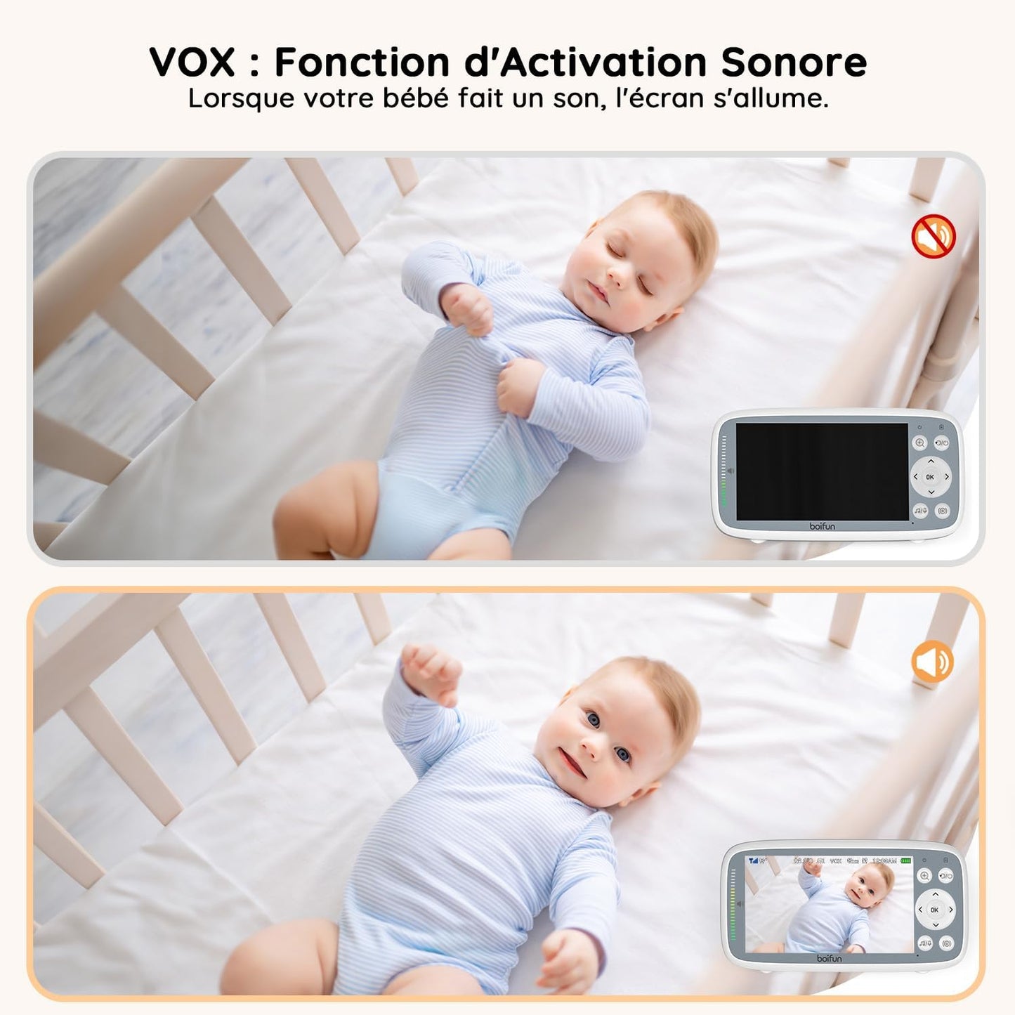 BOIFUN Babyphone 720p avec Écran IPS, Zoom 3X, VOX & Capteur Température – Sans WiFi