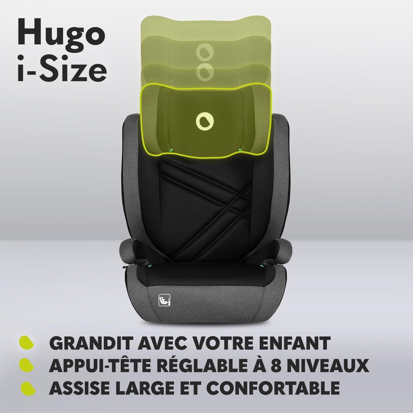 Siège Auto Rehausseur Lionelo Hugo i-Size, 100-150 cm, ISOFIX, Appui-tête Réglable, Protection Latérale, Accoudoirs, Dossier Amovible – Noir