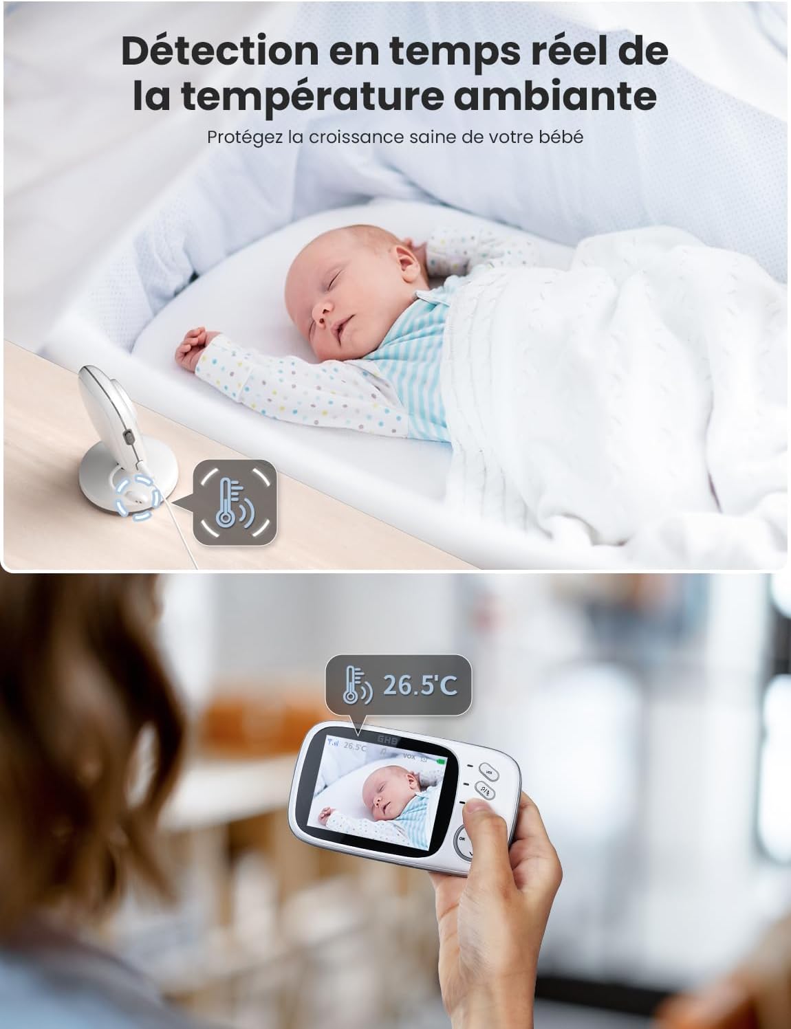 GHB Babyphone Vidéo 3.2" avec Caméra, Vision Nocturne & Audio Bidirectionnel – 720p