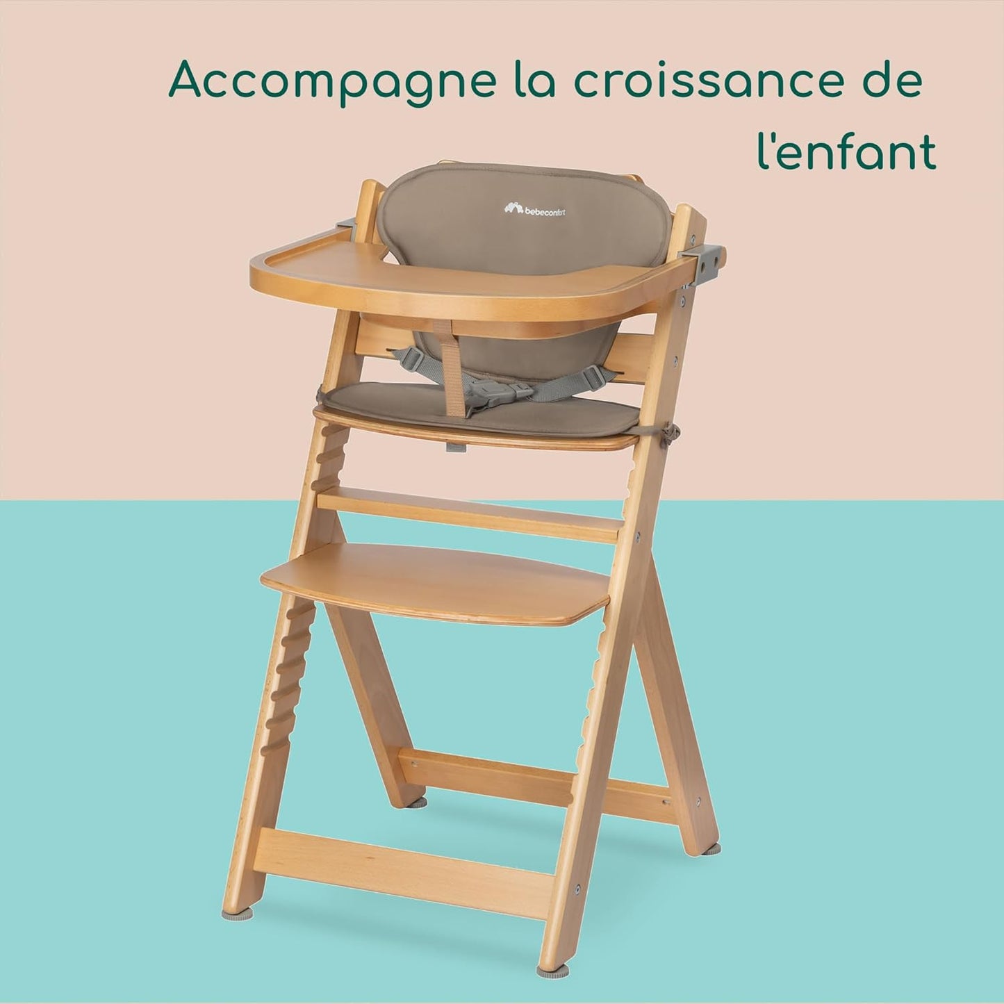 Bebeconfort Timba Chaise Haute Évolutive avec Coussin – Bois Naturel/Beige, 6 Mois à 10 Ans