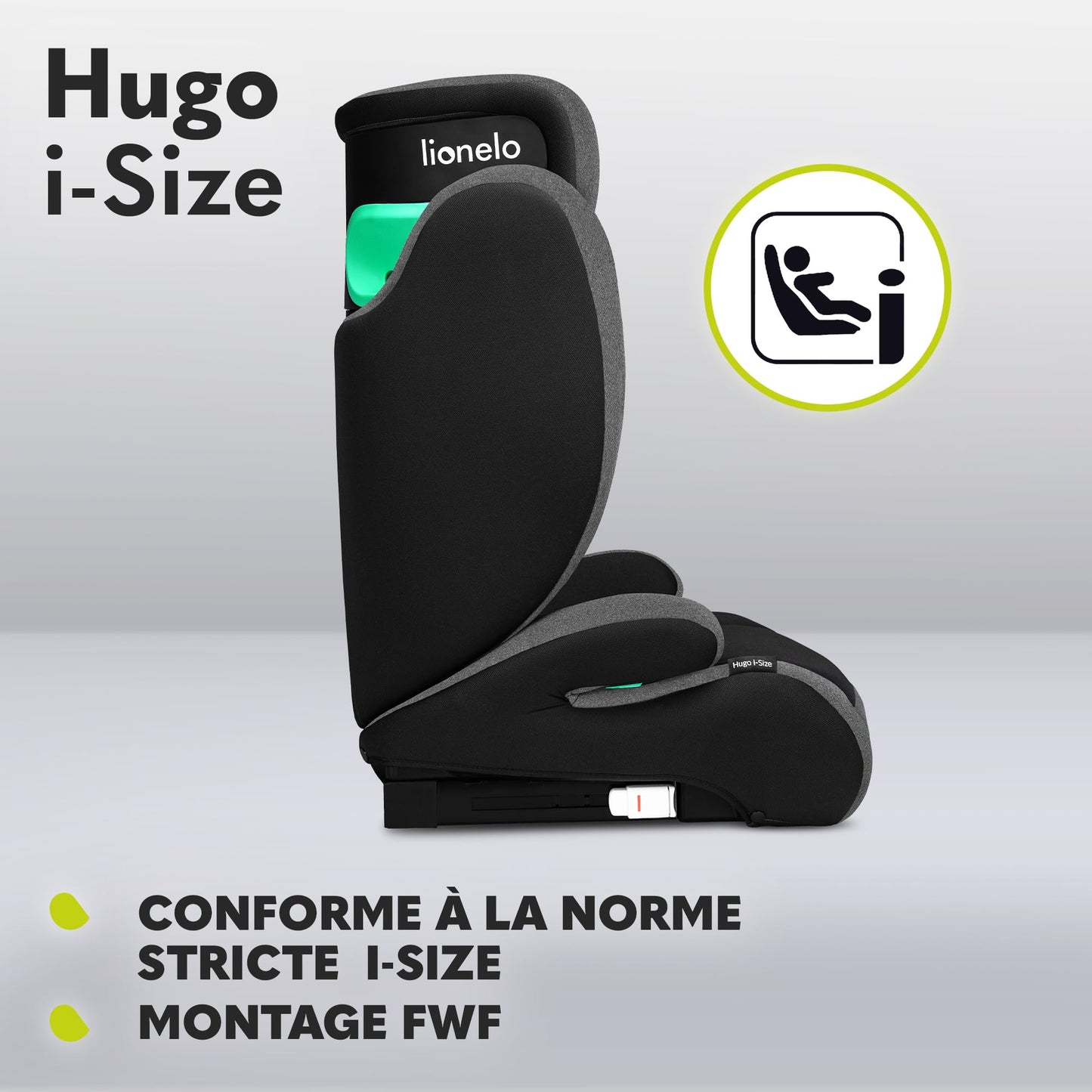 Siège Auto Rehausseur Lionelo Hugo i-Size, 100-150 cm, ISOFIX, Appui-tête Réglable, Protection Latérale, Accoudoirs, Dossier Amovible – Noir