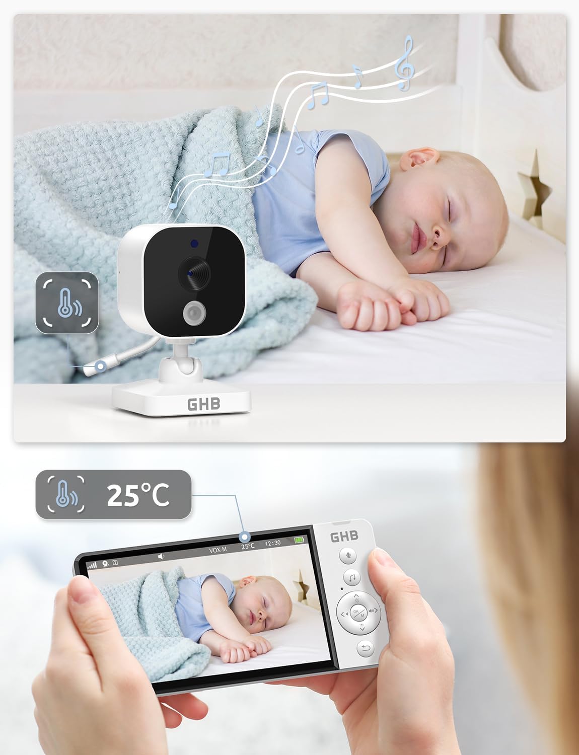 GHB Babyphone Vidéo 5" HD 720p avec Caméra, VOX & Capteur Température