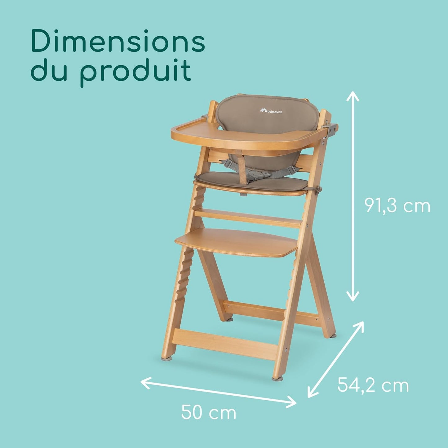 Bebeconfort Timba Chaise Haute Évolutive avec Coussin – Bois Naturel/Beige, 6 Mois à 10 Ans