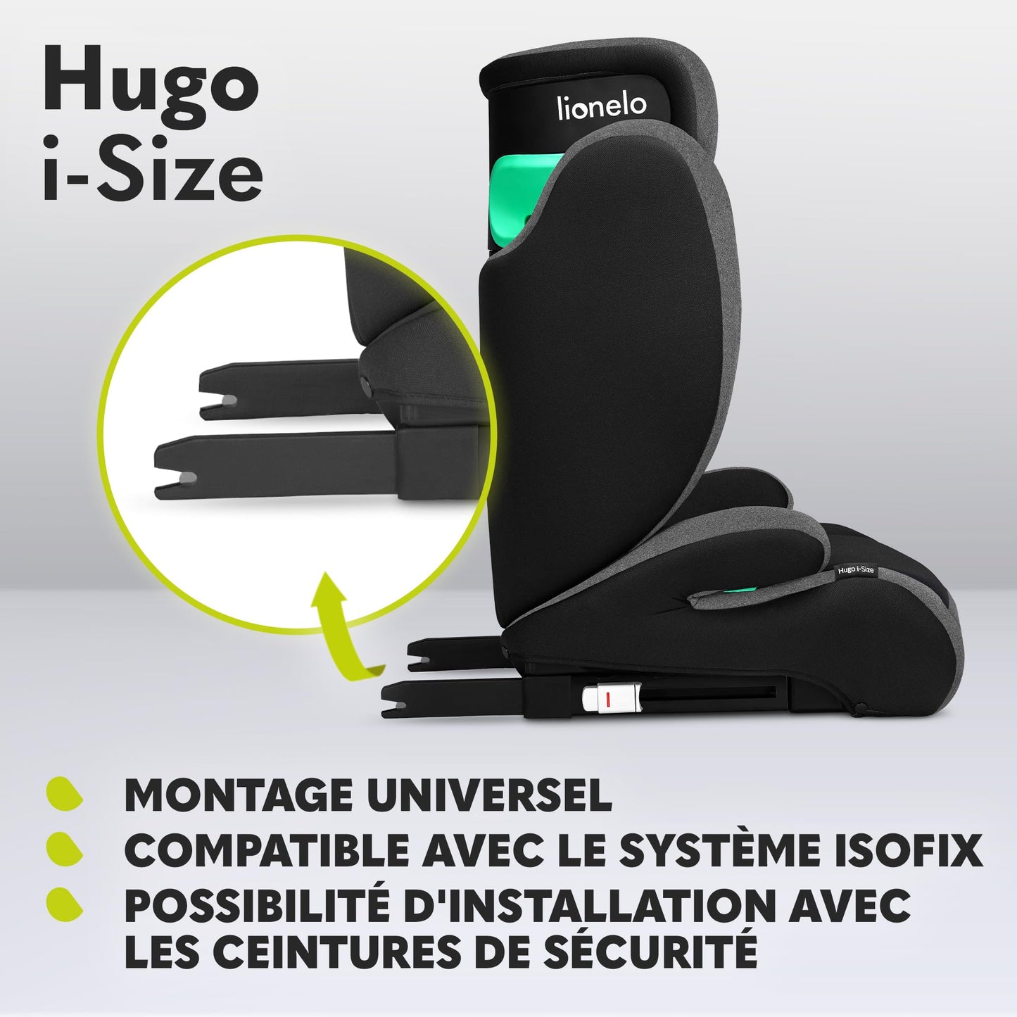Siège Auto Rehausseur Lionelo Hugo i-Size, 100-150 cm, ISOFIX, Appui-tête Réglable, Protection Latérale, Accoudoirs, Dossier Amovible – Noir