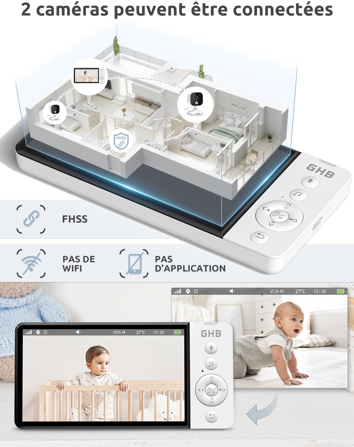 GHB Babyphone Vidéo 5" HD 720p avec Caméra, VOX & Capteur Température