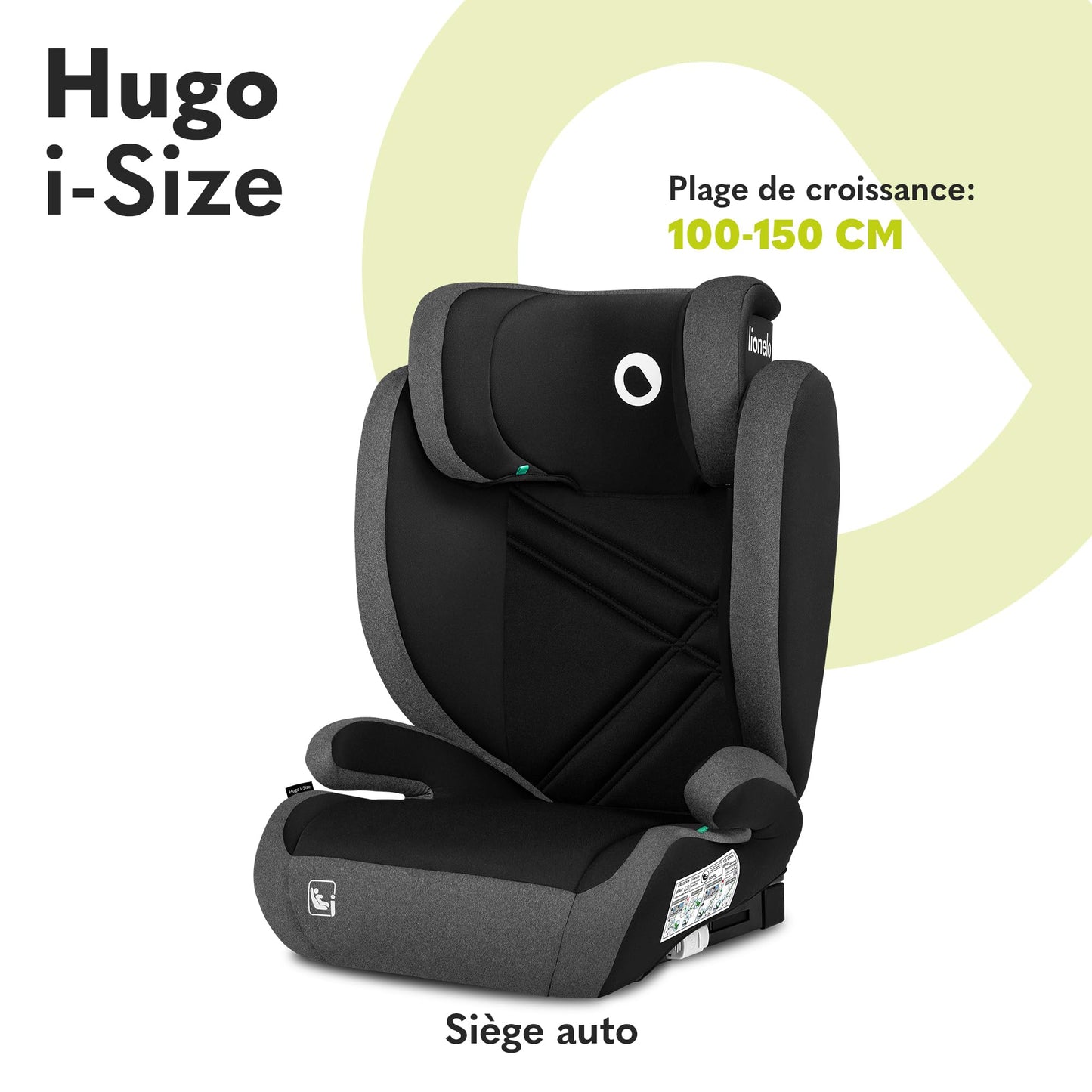 Siège Auto Rehausseur Lionelo Hugo i-Size, 100-150 cm, ISOFIX, Appui-tête Réglable, Protection Latérale, Accoudoirs, Dossier Amovible – Noir
