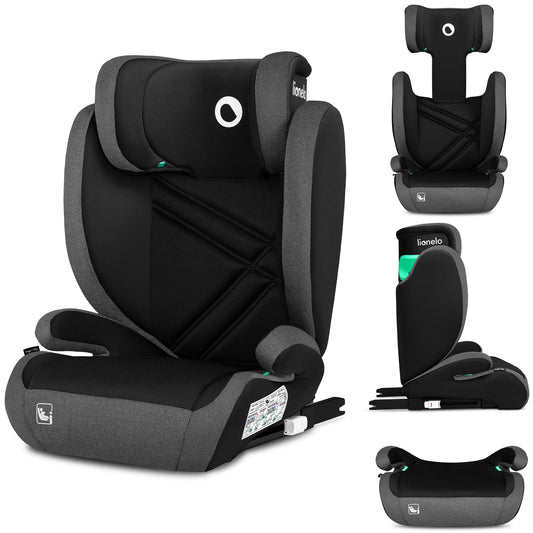 Siège Auto Rehausseur Lionelo Hugo i-Size, 100-150 cm, ISOFIX, Appui-tête Réglable, Protection Latérale, Accoudoirs, Dossier Amovible – Noir
