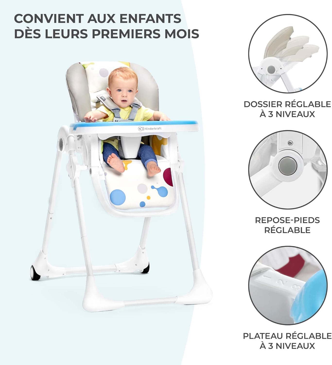 Kinderkraft YUMMY Chaise Haute Bébé Réglable avec Plateau et Repose-Pieds – Gris, jusqu’à 15 kg