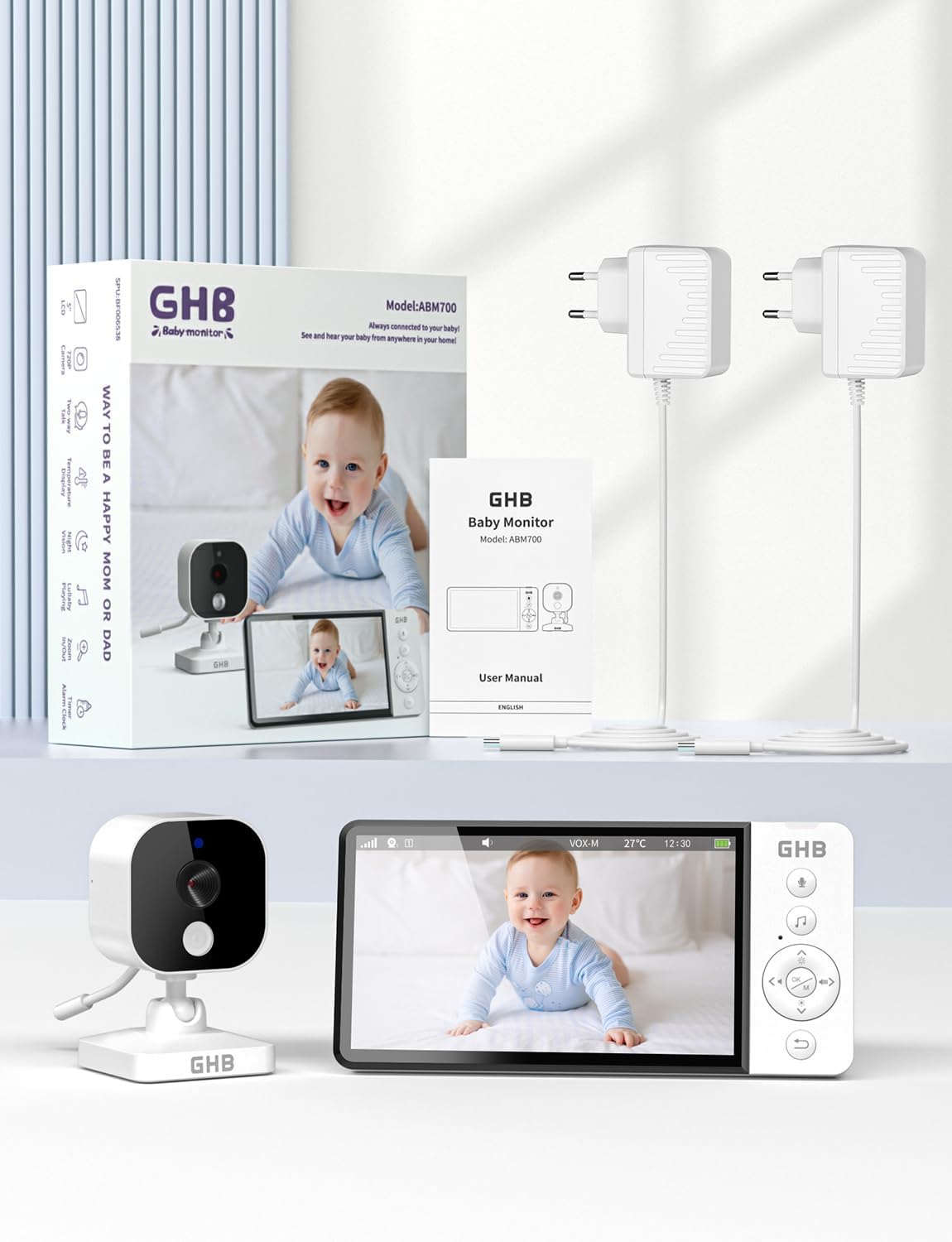GHB Babyphone Vidéo 5" HD 720p avec Caméra, VOX & Capteur Température