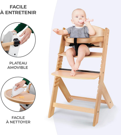 Kinderkraft ENOCK Chaise Haute Bébé Évolutive 3 en 1 avec Plateau – Bois Naturel