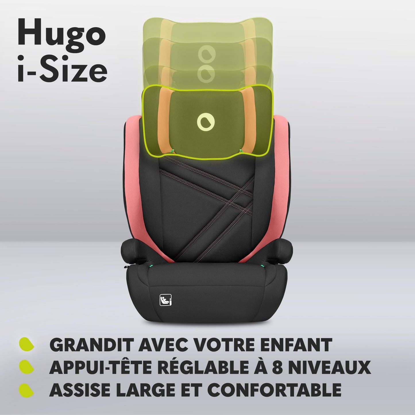 Siège Auto Rehausseur Lionelo Hugo i-Size, 100-150 cm, ISOFIX, Appui-tête Réglable, Protection Latérale, Accoudoirs, Dossier Amovible – Noir