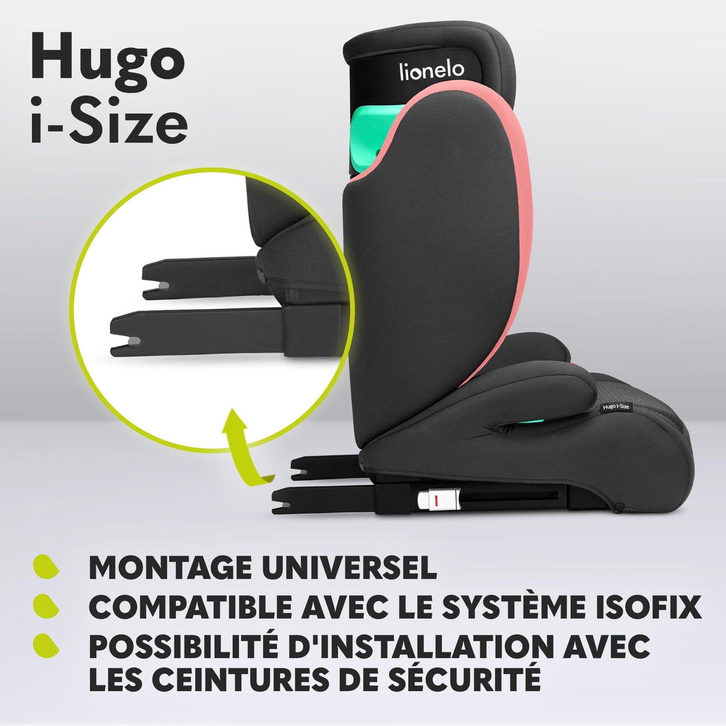 Siège Auto Rehausseur Lionelo Hugo i-Size, 100-150 cm, ISOFIX, Appui-tête Réglable, Protection Latérale, Accoudoirs, Dossier Amovible – Noir