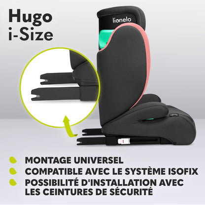 Siège Auto Rehausseur Lionelo Hugo i-Size, 100-150 cm, ISOFIX, Appui-tête Réglable, Protection Latérale, Accoudoirs, Dossier Amovible – Noir