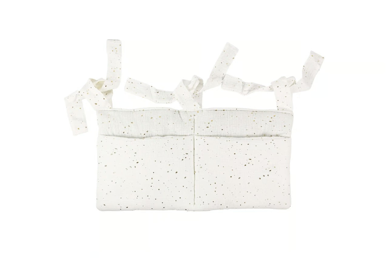 Organisateur de lit pour bébé – Pochette de rangement blanche à pois dorés