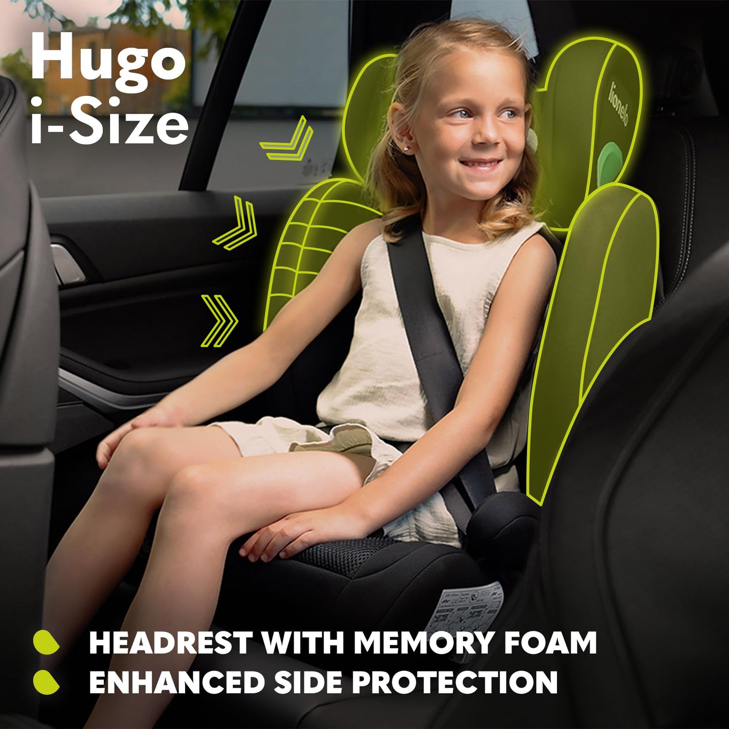 Siège Auto Rehausseur Lionelo Hugo i-Size, 100-150 cm, ISOFIX, Appui-tête Réglable, Protection Latérale, Accoudoirs, Dossier Amovible – Noir