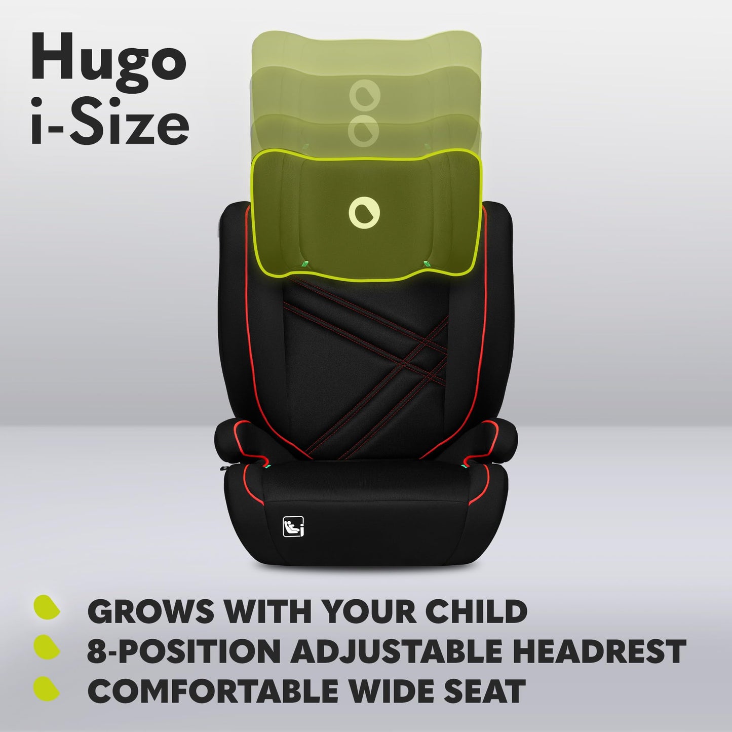 Siège Auto Rehausseur Lionelo Hugo i-Size, 100-150 cm, ISOFIX, Appui-tête Réglable, Protection Latérale, Accoudoirs, Dossier Amovible – Noir