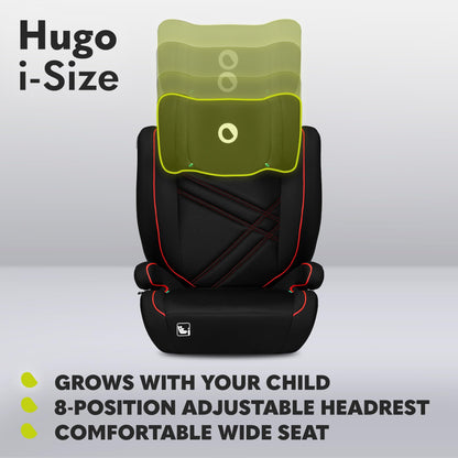 Siège Auto Rehausseur Lionelo Hugo i-Size, 100-150 cm, ISOFIX, Appui-tête Réglable, Protection Latérale, Accoudoirs, Dossier Amovible – Noir