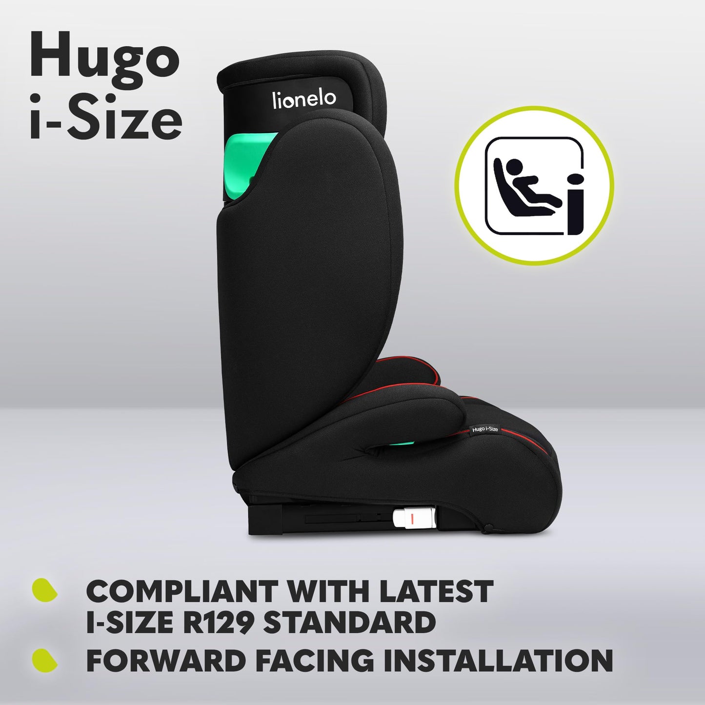 Siège Auto Rehausseur Lionelo Hugo i-Size, 100-150 cm, ISOFIX, Appui-tête Réglable, Protection Latérale, Accoudoirs, Dossier Amovible – Noir