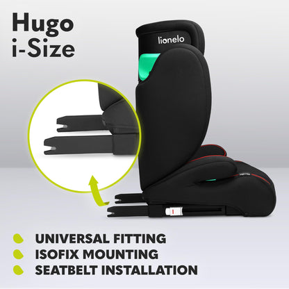 Siège Auto Rehausseur Lionelo Hugo i-Size, 100-150 cm, ISOFIX, Appui-tête Réglable, Protection Latérale, Accoudoirs, Dossier Amovible – Noir