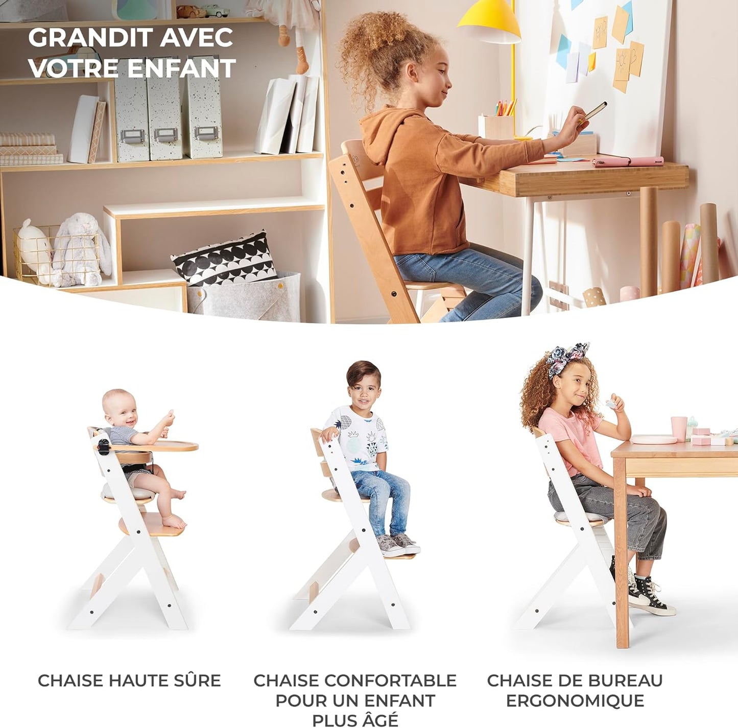 Kinderkraft ENOCK Chaise Haute Bébé Évolutive 3 en 1 avec Plateau – Bois Naturel
