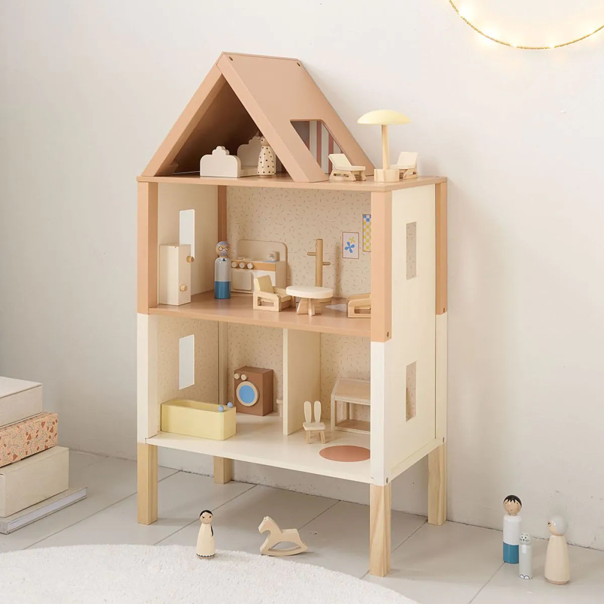 Maison de Poupées en Bois avec Ensemble de 17 Meubles – Couleur Beige