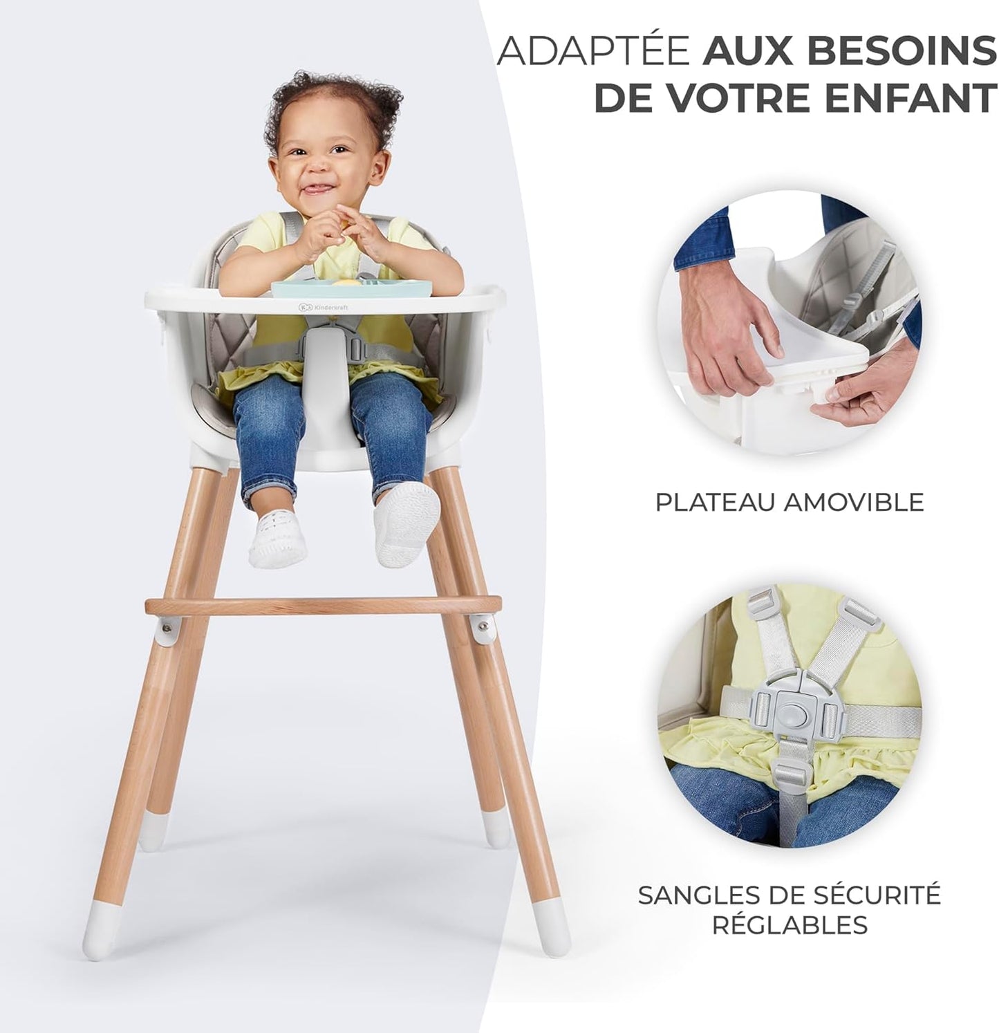 Kinderkraft SIENNA Chaise Haute Bébé avec Plateau et Repose-Pieds – Gris, jusqu’à 20 kg