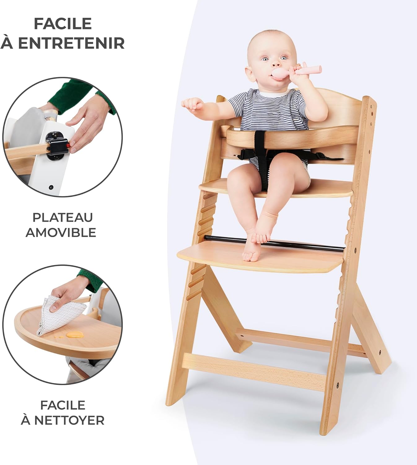 Kinderkraft ENOCK Chaise Haute Bébé Évolutive 3 en 1 avec Plateau – Bois Naturel