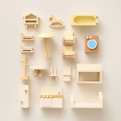 Maison de Poupées en Bois avec Ensemble de 17 Meubles – Couleur Beige