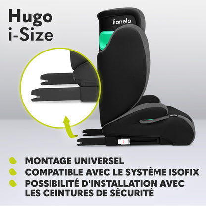 Siège Auto Rehausseur Lionelo Hugo i-Size, 100-150 cm, ISOFIX, Appui-tête Réglable, Protection Latérale, Accoudoirs, Dossier Amovible – Noir