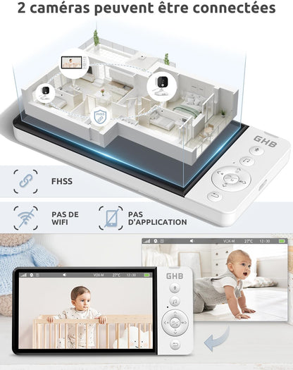 GHB Babyphone Vidéo 5" HD 720p avec Caméra, VOX & Capteur Température